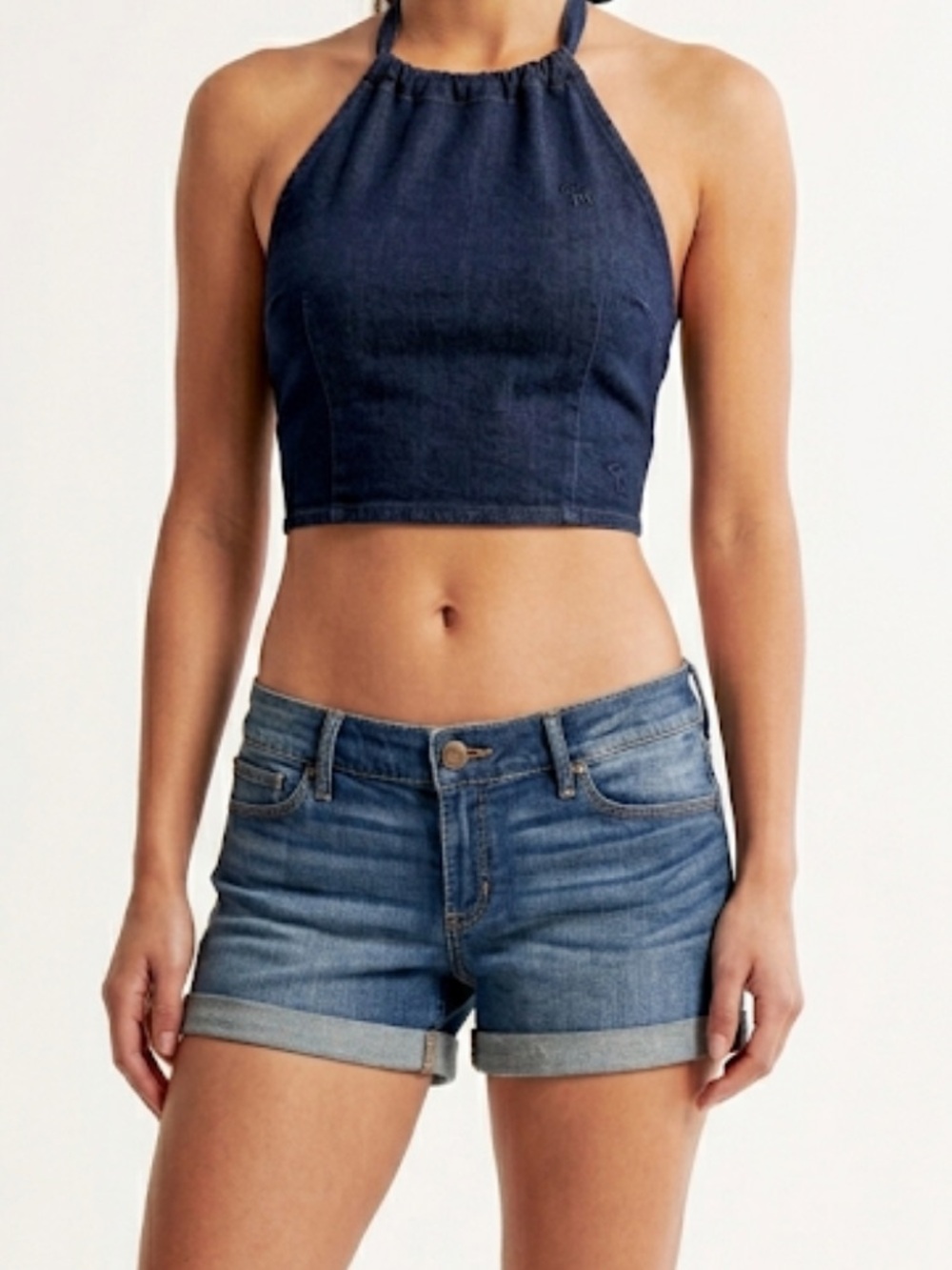 Abercrombie‎ & Fitch Lowrise Dark Blue Cuff Hem w/ Leather Patch Jean Shorts (8)